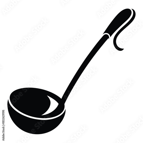 An isolated ladle of cooking soup appears as a bold black silhouette shape