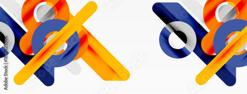 Abstract geometric shapes overlap, creating dynamic composition. Orange, blue, gray colors dominate design. Modern, minimalist aesthetic.