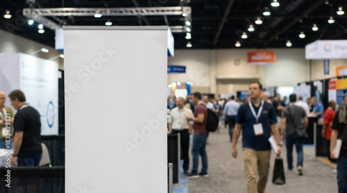 Blank Banner Display Standing Prominently at a Busy Indoor Trade Show, Perfect for Marketing and Advertising