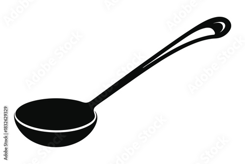 The simple black outline illustrates a metal kitchen soup ladle over white