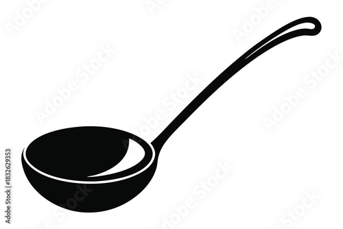 A simple black ladle with a curved handle against a pure white backdrop