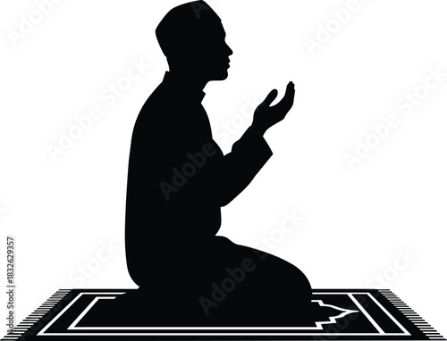 Muslim man performing salah prayer icon silhouette vector illustration traditional kneeling religious pose on mat