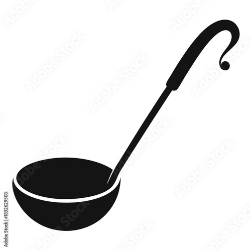 A dark silhouette depicts a simple ladle with a curved handle against white
