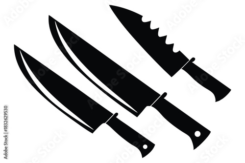 Three black kitchen knives display sharpness and utility on a white background