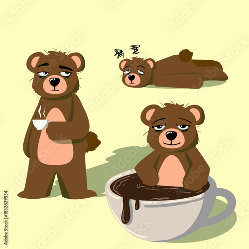 Gnawing Sleepiness: Illustration of Coffee-Addicted Bears cartoon character