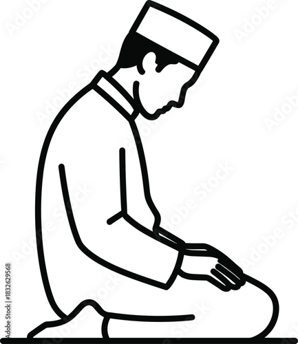 Muslim man performing salah prayer icon vector outline illustration kneeling down traditional religious pose worship
