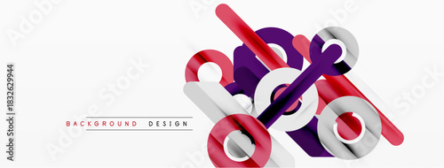 Abstract geometric shapes overlap, creating dynamic visual effect. Red, purple, white colors dominate composition. Minimalist design.