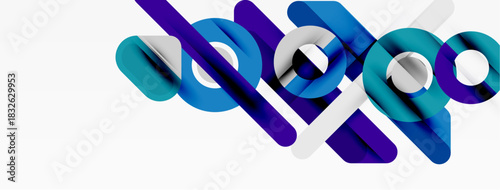 Abstract shapes overlap, creating dynamic composition. Blue, purple, white hues dominate design. Modern aesthetic.