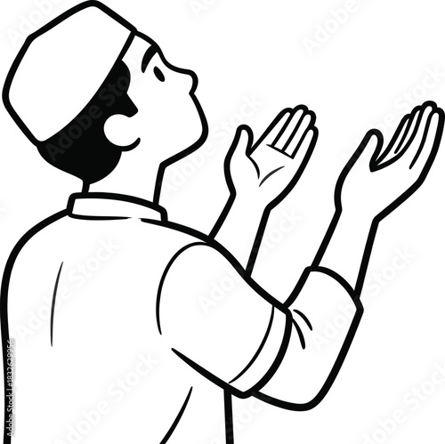 Muslim man pray icon. side view of a man looking upwards with open hands in prayer line art illustration