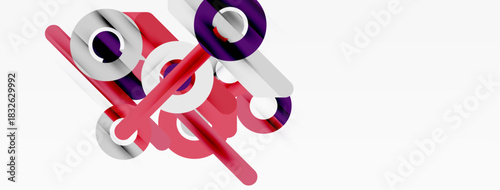 Abstract composition featuring intersecting cylinders, rings, lines. Colors include pink, purple, white. Minimalist design, clean aesthetic.
