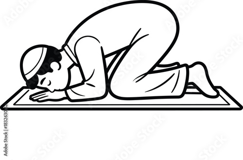 Muslim pray icon depicting man prostrating on prayer mat, offering salat in traditional religious gesture