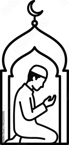Muslim pray icon depicting person in prayer pose within mosque arch with crescent moon at top religion worship