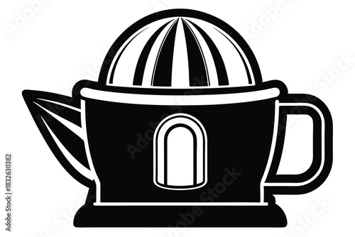 The manual juicer with the reamer sits on its base in monochrome