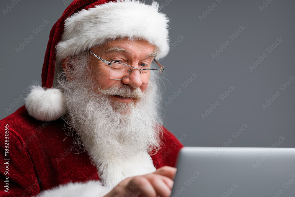 Naklejka premium Santa Claus smiles brightly as he checks his holiday list on a laptop Generative AI