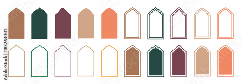 Islamic Shape door and window silhouette Arabic arch. . Arab frame set. Ramadan Kareem silhouette icon.  Collection of Islamic door window patterns in oriental style. Vector illustration. 
