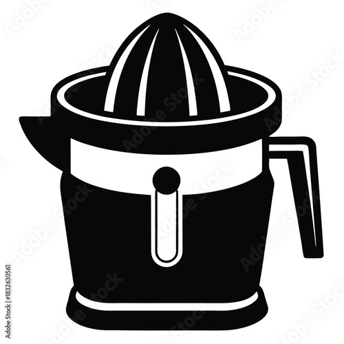 Black and white art features a manual citrus juicer for fresh juice