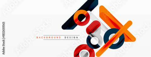 Abstract geometric shapes overlap, creating dynamic composition. Blue, orange, gray colors dominate white background. Modern design element.