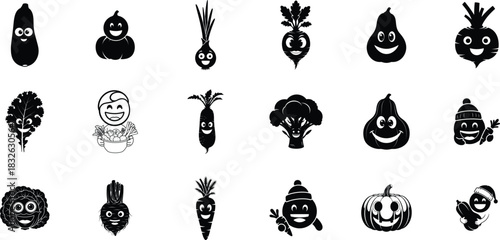 Cartoon vegetable characters in black and white silhouette