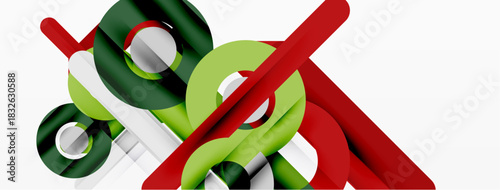 Abstract geometric composition. Intersecting cylinders, lines create dynamic visual effect. Bright colors, clean design. Minimalist aesthetic.