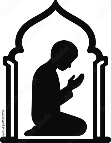 Muslim pray icon depicting silhouette of man kneeling and praying inside mosque arch on transparent background