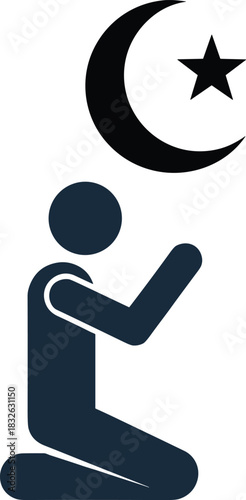 Muslim pray icon of a kneeling figure with crescent moon and star symbolizing islamic faith and devotion