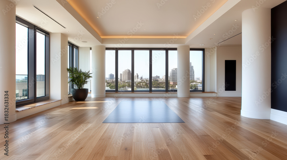 Obraz premium Modern empty fitness studio with large windows and city view, calm natural light