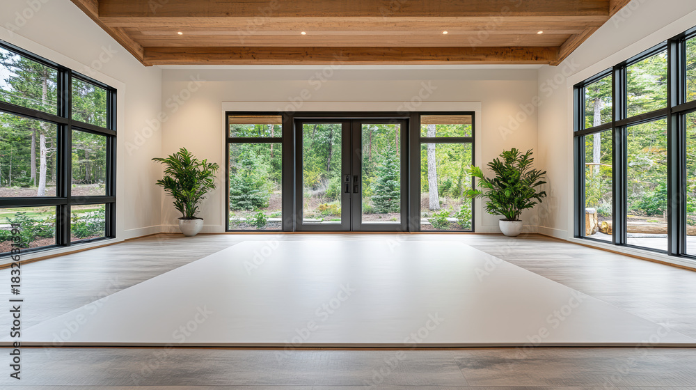 Obraz premium Bright minimalist fitness room with large windows, wooden beams and potted plants