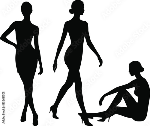 Collection of three female silhouettes posing stylishly, including standing, walking, and seated profile views.