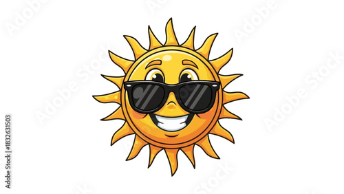 A cheerful cartoon sun wearing sunglasses, radiating warmth and happiness on a bright day