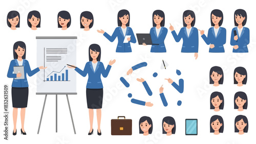 Businesswoman Presentation Elements Customizable Character Poses, Accessories, and Expressions in Vector Illustration