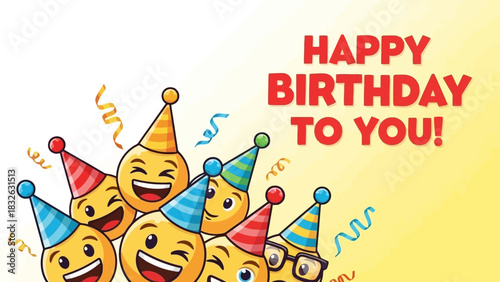 A cheerful group of laughing emojis wearing colorful party hats celebrate a special occasion with festive confetti on a bright yellow background