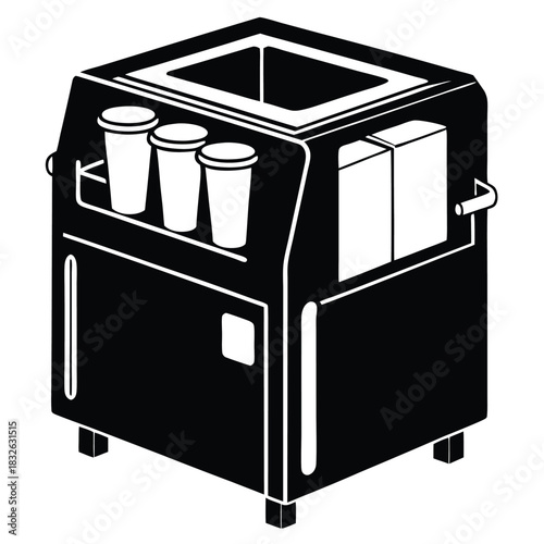 Black and white ice cream machine showcases three cups and two product boxes