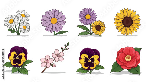 Vibrant collection of illustrated garden flowers including daisies, sunflowers, pansies, and cherry blossoms