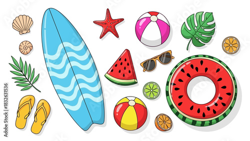 Vibrant collection of summer vacation essentials, featuring a surfboard, beach ball, tropical fruits, and swimwear accessories, perfect for a sunny holiday by the ocean