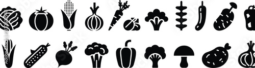 Collection of twenty simple black solid vegetable icons, representing cabbage, corn, tomato, carrots, and broccoli produce.