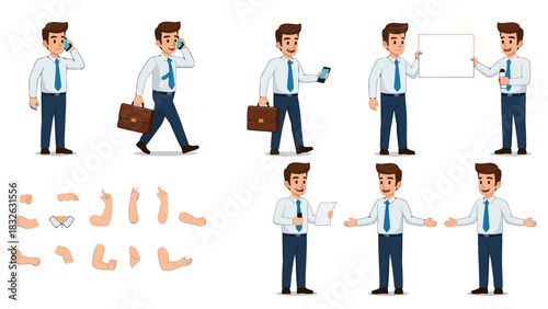 Versatile cartoon businessman character set showcasing various office tasks, presentations, and communication in a professional vector illustration collection