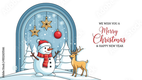 Winter holiday greeting card illustration with a friendly snowman and reindeer in a snowy forest scene for Christmas