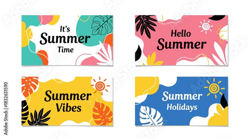 Colorful Summer Banners Set "It's Summer Time," "Hello Summer," "Summer Vibes," and "Summer Holidays"