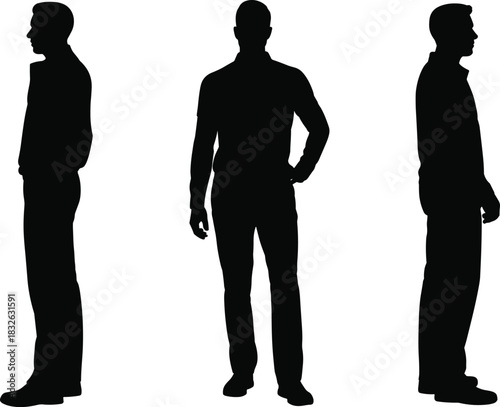 Collection of three male silhouettes in casual shirts and trousers, featuring front and side profile views.