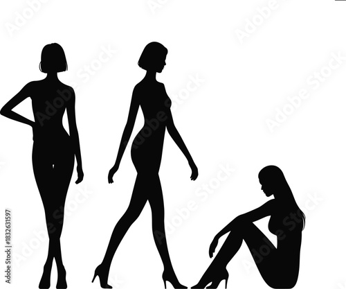 Collection of three female silhouettes posing stylishly, including standing, walking, and seated profile views.