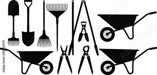 Collection of gardening and farming tool silhouettes including wheelbarrows, rakes, shovels, and pruning shears.