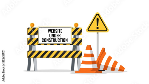 Vector illustration of a webpage maintenance page with a barrier, warning sign, and traffic cones on a white background