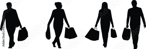 Collection of four male and female silhouettes walking and carrying shopping bags, representing consumers and retail.