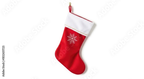 Festive red Christmas stocking hanging, ready for Santa's gifts, bringing holiday cheer and joyful anticipation to your seasonal designs