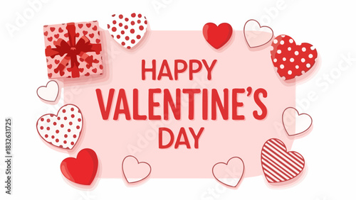 Romantic Valentine's Day banner illustration featuring various red and white patterned hearts and a gift box on a pink background