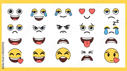Set of cartoon faces expressing a variety of emotions and feelings, including joy, sadness, anger, and love, presented in a flat vector style on a yellow background