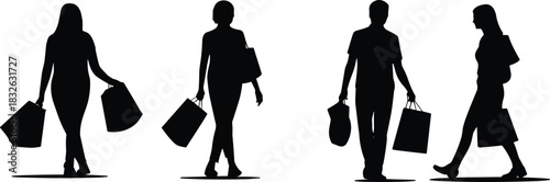 Collection of four male and female silhouettes walking and carrying shopping bags, representing consumers and retail.