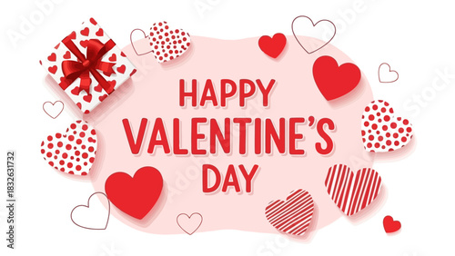 Happy Valentine's Day Greeting Card Romantic Hearts, Gift Box, and Festive Design for Celebrations