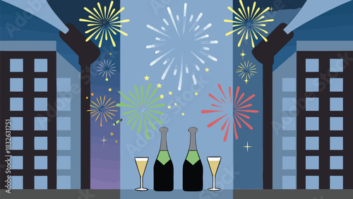 Vibrant New Year's Eve Celebration with Fireworks and Champagne Toast