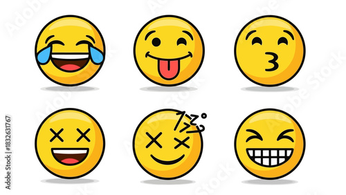 Set of Diverse Yellow Emoji Expressions and Reactions for Digital Communication